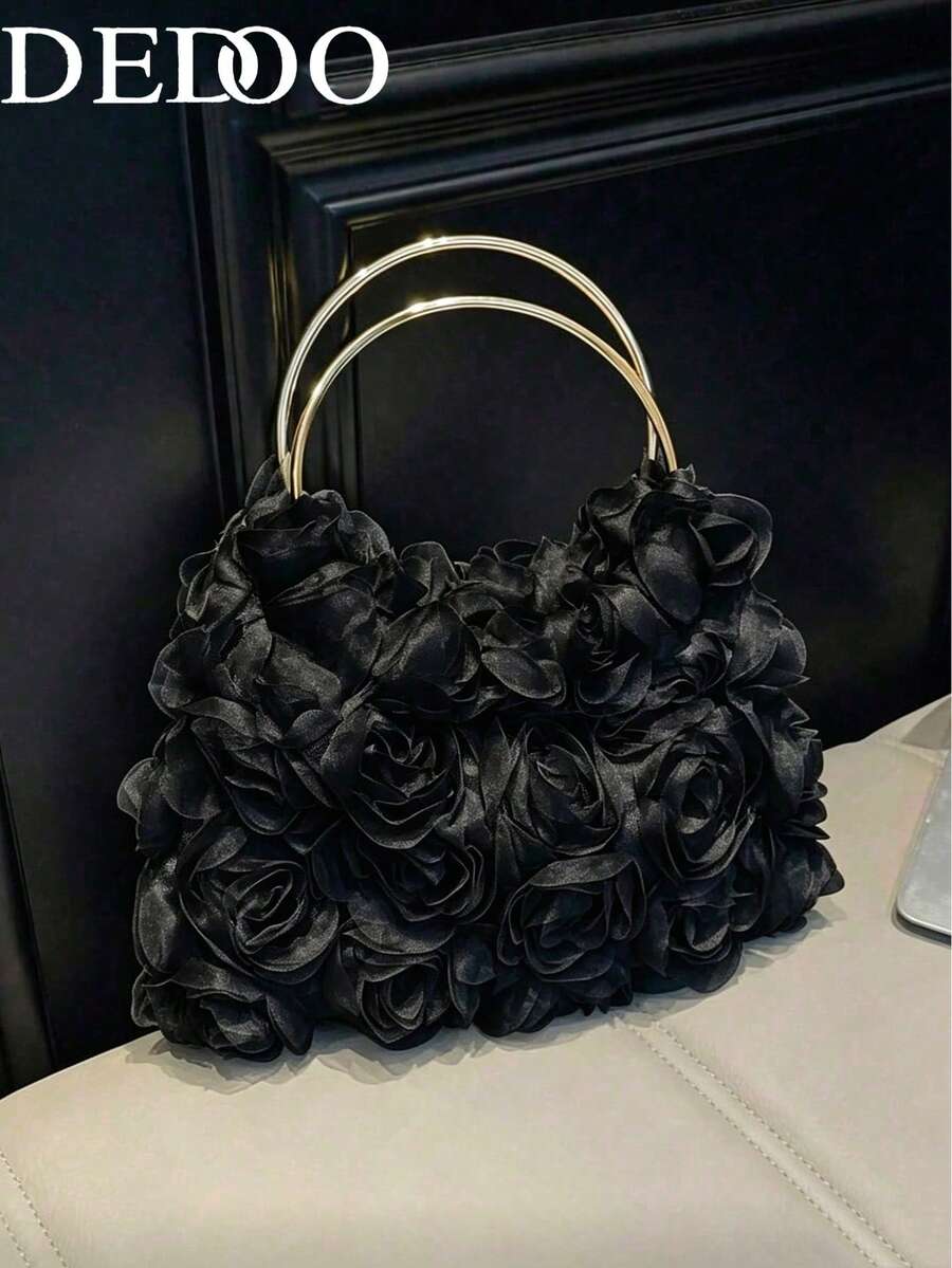 Dedoo 优雅玫瑰花图案手拿包，女士正式晚宴包，甜美女孩单肩包，纯色水桶包，新娘包（图案随机）