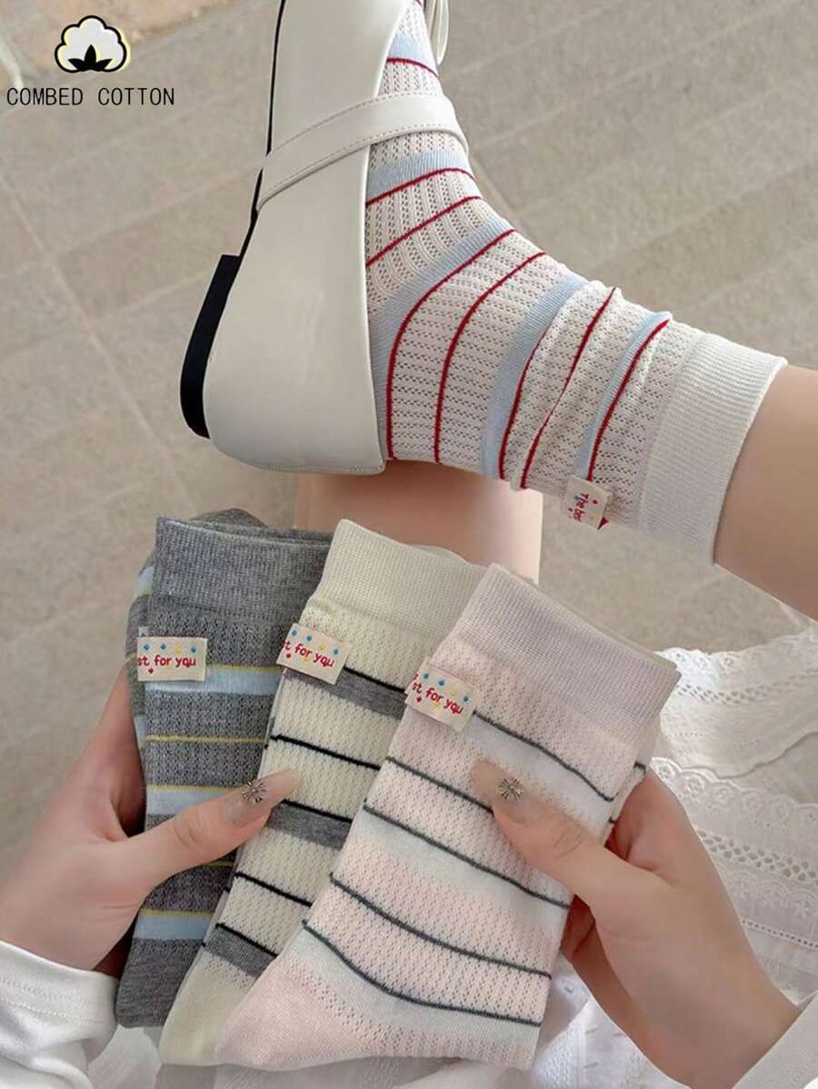4 pares de calcetines de gato con etiqueta de tela a rayas primavera/verano, calcetines de media pantorrilla para mujer, calcetines deportivos de algodón estilo vintage japonés Ins para parejas - Multicolor - Ver 1