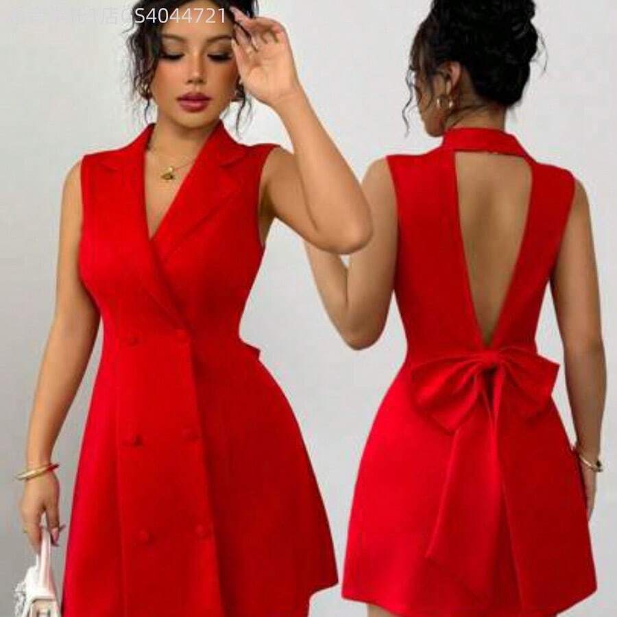 MewMuse. Nuevo vestido mini de mujer con diseño de lazo, de cuello de solapa, doble botonadura, escote en V profundo, sin mangas, ajustado, versátil para fiesta, cita, joven, elegante, pequeña y sexy - Rojo - Ver 1