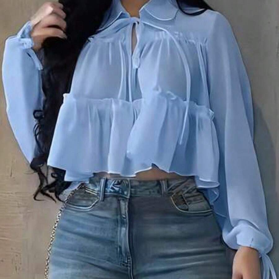 Camisa elegante y casual para mujer, diseño irregular, manga farol con lazo en el cuello, camisa holgada de tela tejida de unicolor con bajo plisado, elegante para uso diario, citas, vacaciones, primavera/verano - azul cielo - Ver 1
