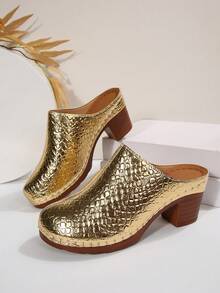 New Glossy Chunky Heel Mule Shoes, Fashionable Versatile And Comfortable - Gold - View 5