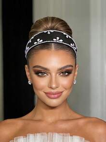 1 pieza Diadema ancha de lujo de malla negra calada con cristales para fiesta, baile de graduación, regalo para novia, accesorio de cabello para vacaciones - Negro - Ver 7