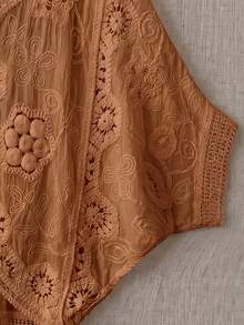 波希米亞風V領刺繡罩衫 - 夏季海灘度假寬鬆和服罩衫，附花卉蕾絲細節 - 亮橙色 - 查看 8