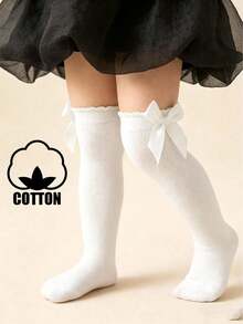 1 Đôi tất cotton trẻ em, tất sọc ngang bắp chân, tất ống dài trang trí nơ, tất cổ rộng cho bé - trắng - Xem 6