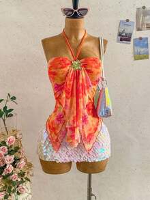 Top de tirantes asimétrico con decoración de conchas marinas para mujer, adecuado para vacaciones en la playa, verano GZJK - Rosa coral - Ver 11