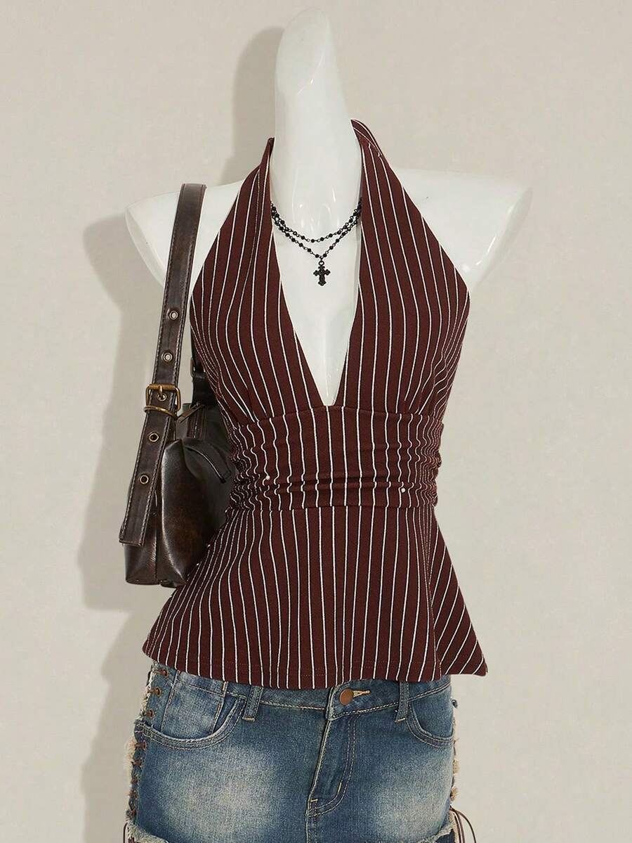 Top sin espalda de halter estilo boho marrón para salir, tipo babydoll, para primavera a verano - rayas marrones - Ver 1
