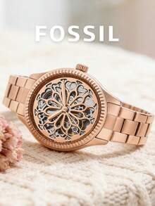 Fossil 女士玫瑰金自动机械镂空表盘花卉雕刻机芯表圈玫瑰金不锈钢表带优雅女士腕表，送给妻子、女友、母亲、姐妹、伴娘、婚礼、周年纪念日的礼物 - 玫瑰金 - 查看 4