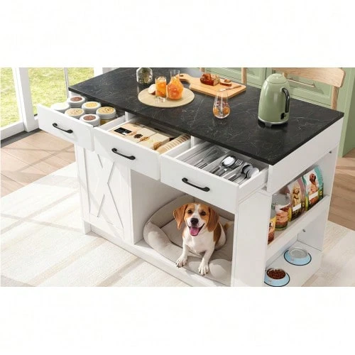 Kitchen Island, Cabinet With 3 Drawers, 1 Spice Rack, Adjustable Shelf, Double Shelf - White - View 1