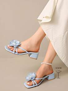 Sandal nữ cao gót vừa 2025 mùa hè mới kiểu Pháp, gót dày, đính ngọc trai hoa, một quai, hở mũi, đa năng - Màu xanh lam - Xem 7