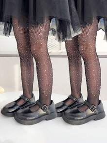 1pc Rhinestones Decor Sheer Footed Pantyhose For Girls, Suitable For Daily Wear - Black - View 11