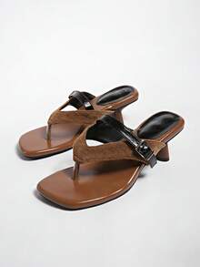 5cm New Colorblock Minimalist Wedge Thong Sandals, Women Summer Open Toe High Heels 2025 - Brown - View 5