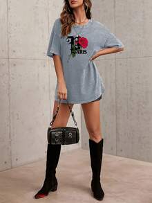 Women's 100% Pure Cotton Vintage Print T-Shirt - 230g Thick Cotton, Round Neck, Short Sleeves, Vintage Street Style, Machine Washable, Suitable For Casual Spring And Summer Wear, Loose Fit T-Shirt. - 灰色 - 查看 2