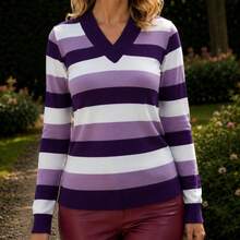 Women's Cold Weather Blouse | Women's Striped Long Sleeve Blouse | Striped V-Neck Blouse | Stripes - 紫色 - 查看 2