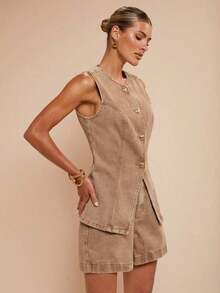Denim Traje casual de mujer con chaleco vaquero de una hilera y pantalones cortos - Albaricoque - Ver 4