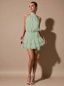 Vestido corto sin mangas con volantes en el bajo, de unicolor. Vestido elegante, dulce y lindo, adecuado para citas románticas, fiestas, reuniones formales, vestidos de dama de honor, vestidos de verano, vestidos de té, Año Nuevo, Día de San Valentín, vestido de cumpleaños, vestido rosa - verde menta - Ver 4