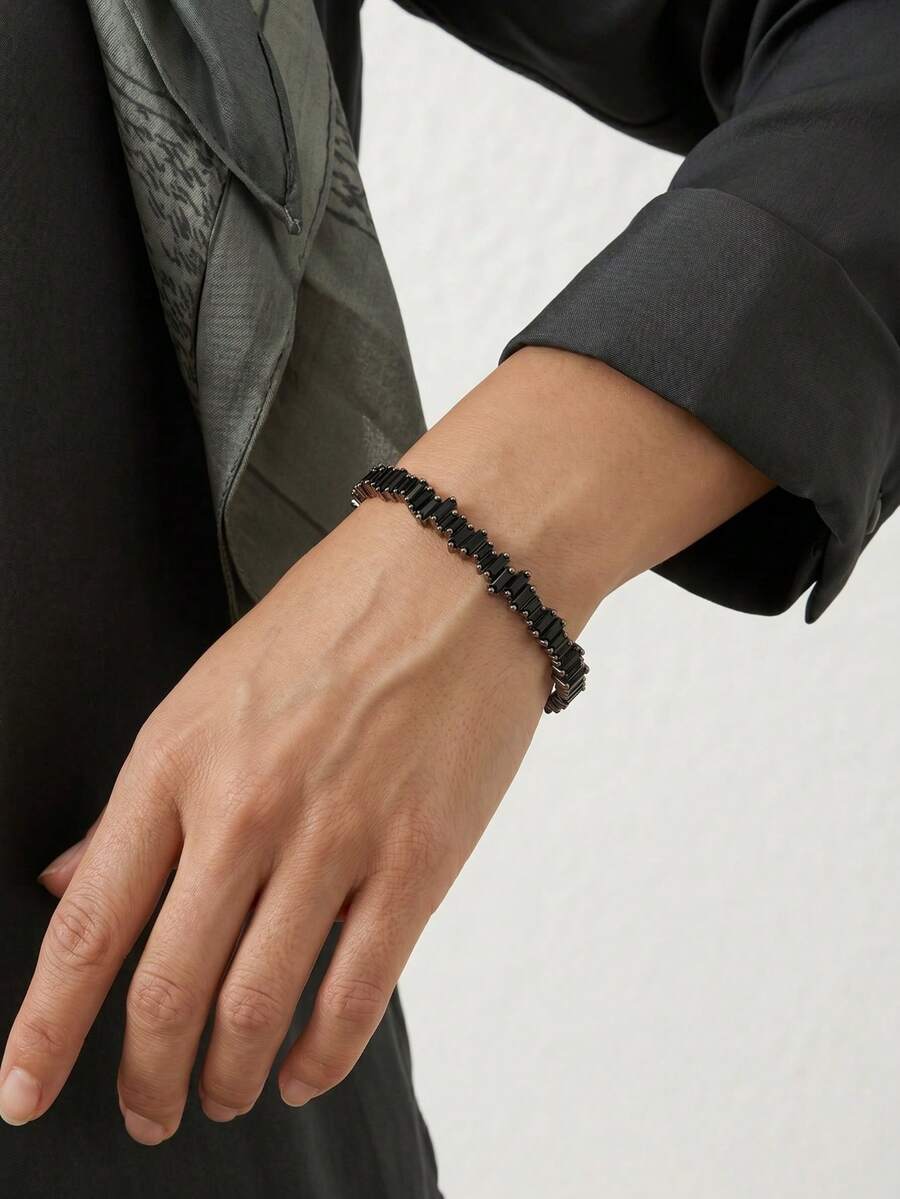 European And American Niche Dark Black Square Diamond Bracelet For Women, High-End Asymmetrical Asymmetric Open Bangle, Heavy Craftsmanship Micro-Inlaid Zirconia, Personalized Daily Accessory