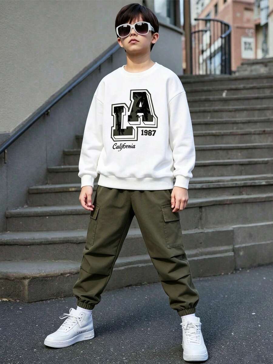 男童字母印花圆领长袖上衣和纯色裤子套装 - 白色 - 查看 1
