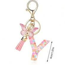 Llavero con letra, borla y colgante de mariposa, para billetera, mochila, bolso de mano - Multicolor - Ver 16