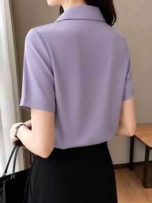 Blusa de satén de manga corta con diseño de unicolor para ir al trabajo - Lila Púrpura - Ver 3