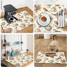 1pc Dish Drying Mat, Coffee Machine Pad, Elegant Vintage Floral & Bird Pattern, Highly Absorbent Quick Dry, Suitable For Dining Table, Cafe, Coffee Table, Kitchen Counter, Creates Cozy Atmosphere, Multi-Purpose Drainage Mat, Home Gift, Tabletop Decor - XYLSD-440 - View 11