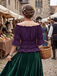 Women Off The Shoulder Tops Steampunk Pirate Shirt Renaissance Blouse Short Sleeve Shirts - 紫色 - 查看 3