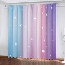 2Pcs Curtains 2D Flat Gradient Background With Light Blue To Light Purple Transition Vertical Pink White Stripes And Scattered White Stars Of Different Sizes For Whimsical Dreamy Composition Window Drapes For Bedroom Room Decor Decoration Window Treatment. - 2pcs - 查看 5