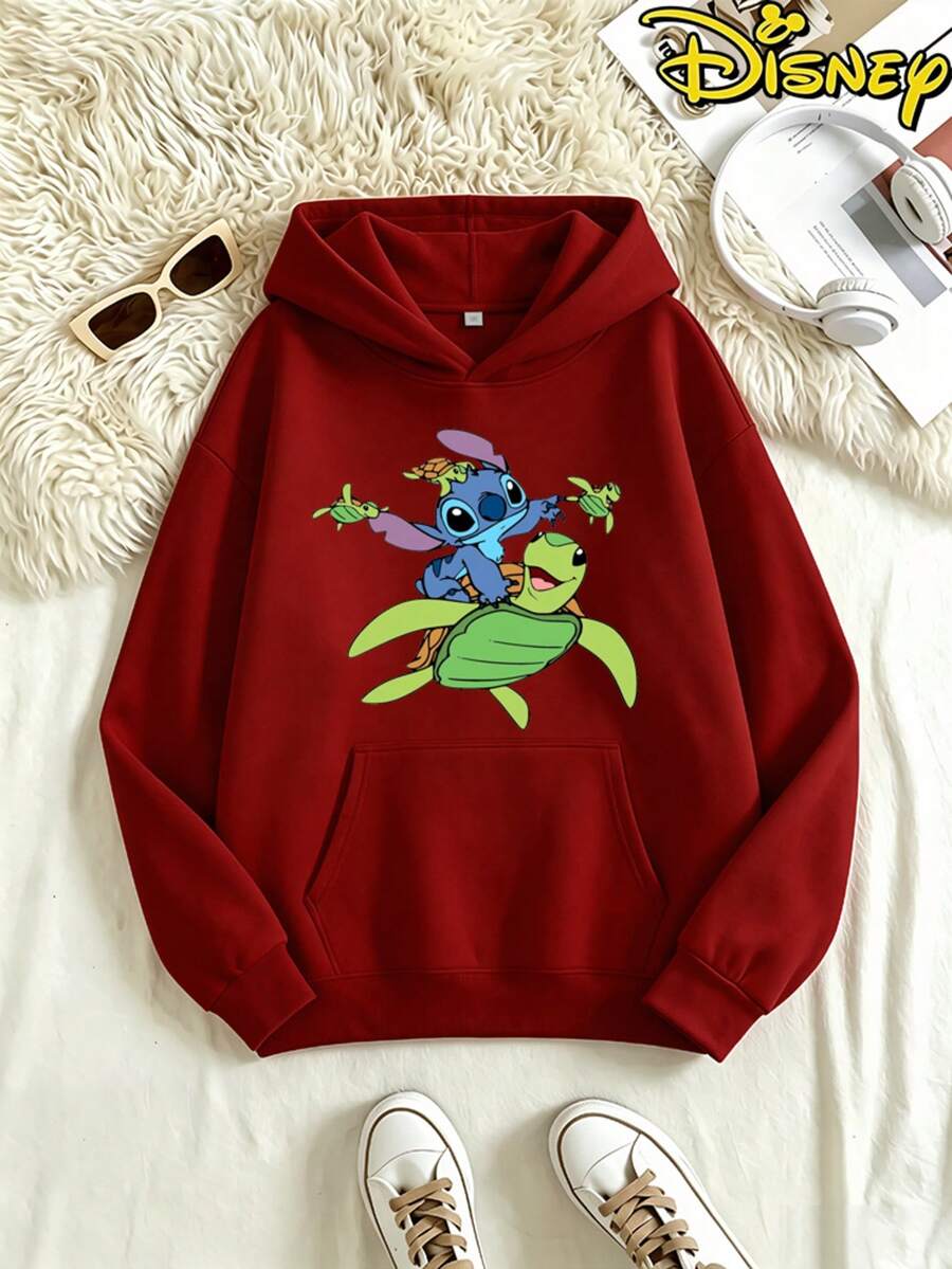 Disney Lilo & Stitch "Tropical Getaway" Hooded Sweatshirt, Featuring Fun Double-Sided Prints Of Stitch And Sea Turtles, Soft And Versatile Pullover For Errands, Lounging And Casual Hangouts - Đỏ - Xem 1