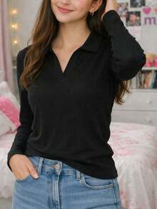 V-Neck Polo Shirt With Long Sleeves, Ribbed Knit Fabric, For Teenage Girls, Casual Basic Style, Versatile Piece For Autumn/Winter, Solid Color. - Black - View 1
