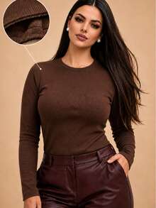 Long-Sleeved, Fleece-Lined, Ribbed Knit, Thermal, Flannel-Lined, Warm, Comfortable, Soft, Office, Festival, Fashion, Autumn And Winter 2026, Valentine's Day. - 鏽棕色 - 查看 1