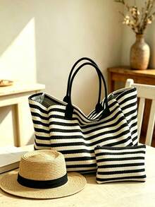 Premium Tote Bag Available In Large And Small Sizes, Featuring A Stylish Black-And-White Striped Design. This Versatile, Foldable Canvas Bag Functions - Multicolor - View 2