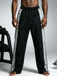1pc Regular Length Quick Dry Adjustable Cuff Side Stripe Black Grey Woven Wrinkle Resistant Outdoor Sports Trousers - Black - View 6
