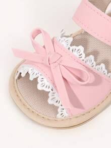 1 Pair Girls Bowknot PU Hook And Loop Design Flat Non-Slip Princess Shoes Soft Rubber Sole Walking Shoes Hollow Breathable Infant Sandals Suitable For Spring And Summer - Pink - View 6