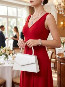 1 Piece White PU Material Flap Clutch Bag With Luxury Metal Decoration, Showing Fashion And Elegance, Suitable For Holding, Carrying, Wearing On The Shoulder Or Crossbody, P - 酒紅色 - 查看 2