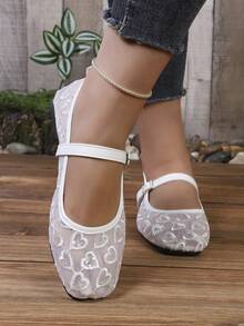 White Heart Embroidery Mesh Mary Jane Shoes, Square Toe Buckle Breathable Flat Ballet Style - White - View 4