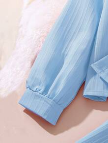 Left Mama Set de 2 piezas con camisa de manga larga con cuello y pantalones largos, nuevo otoño para niña preadolescente - Neblina azul - Ver 4