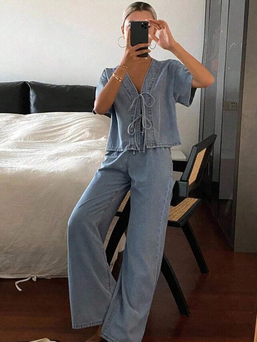 Women Denim Two-Piece Outfits - Blue 2 - View 1