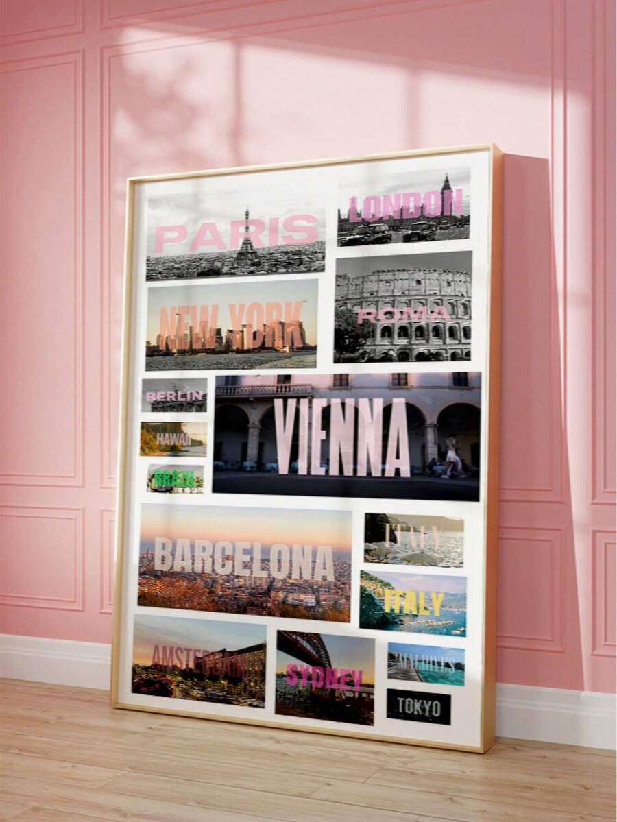 1pc Frameless Collage Fashion City Travel Wall Art Print, Minimalist Urban Poster For Apartment, Living Room, Bedroom, Dorm, Party Decoration, Best Gift Choice, Back To School, Funky Posters, Vintage Decor, College Dorm Essentials - City Travel - View 1