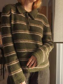 VIBEWAVE Army Green Colorblock Striped Polo Collar Half Button Long Sleeve Knit Sweater Women Vintage Preppy Relaxed Style Early Autumn Versatile Top Daily Commute Casual Wear - Multicolor - View 4