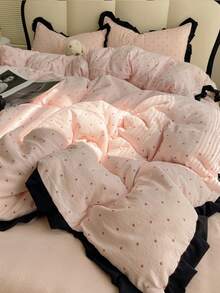 Pink Polka Dot Ruffle Edge 4-Piece Duvet Cover Set, Soft And Comfortable Bedroom Bedding, Ruffle Design, Breathable And Soft All-Season Bedding Set, Includes 1 Duvet Cover, 1 Bed Sheet, 2 Pillowcases, No Fill, Suitable For Dorm, Bedroom, Home Use, Multiple Size Options - Baby Pink - View 11