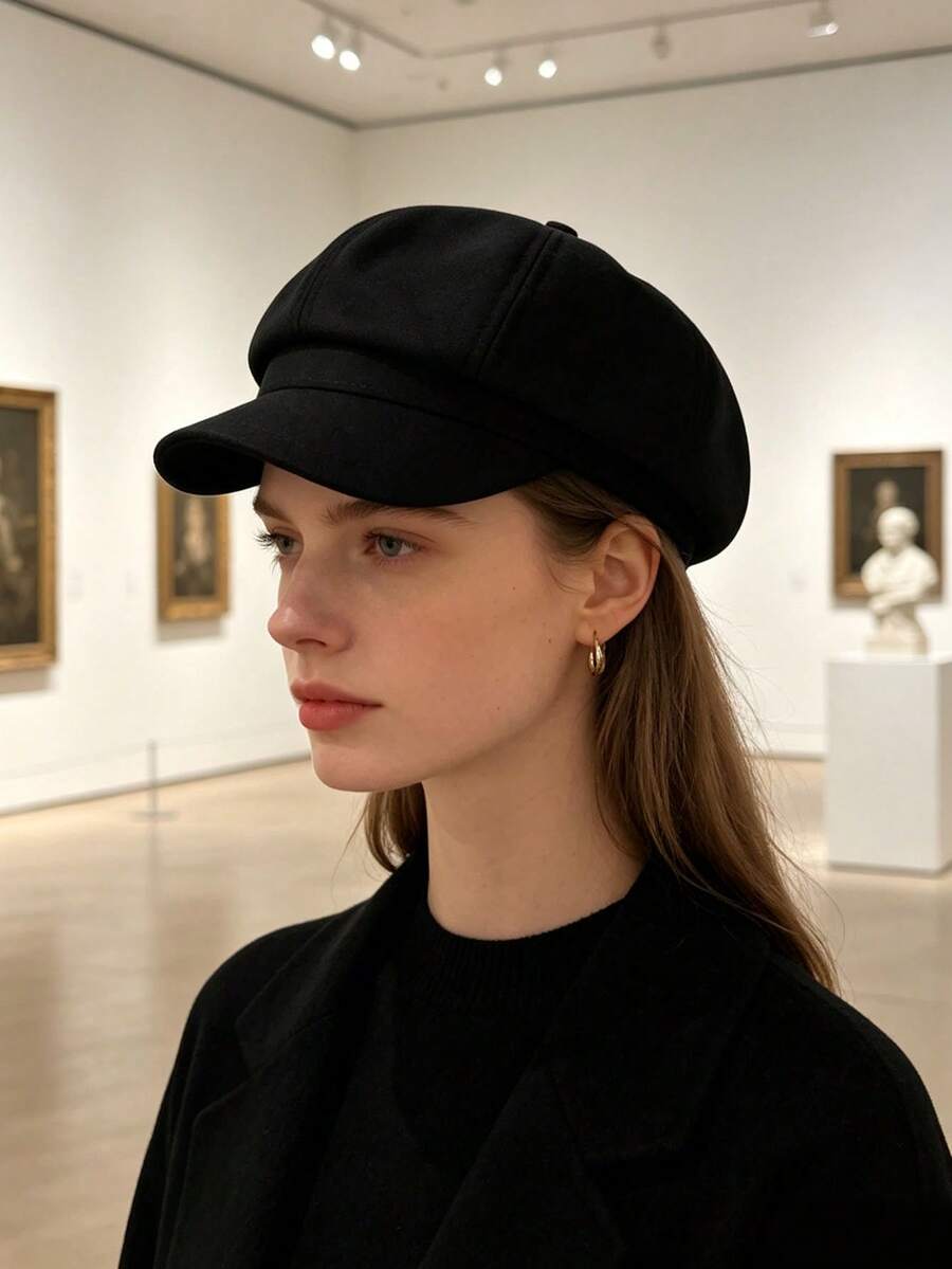 1 pieza Gorra octogonal de unicolor vintage minimalista, estilo artístico de boina, gorra de pintor, nueva llegada de primavera/otoño, elegante retro, elemento de sombrero de pintor japonés, esencial para la playa, vacaciones, viajes, protección solar - Negro - Ver 1
