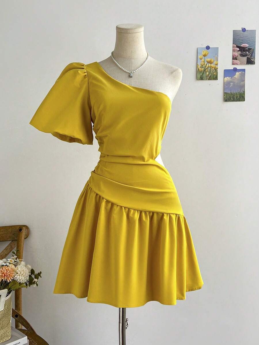 fsvsSoleia Vestido De Burbuja De Cintura Recortada Hueca Con Un Hombro Y Mangas Abultadas Para Mujersdvs ZIW7 - Amarillo - Ver 1