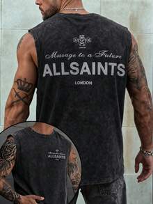 Men's Printed Vintage Washed Vest, Loose Fit, Casual Street Style, An Essential Everyday Item. - 黑色 - 查看 1