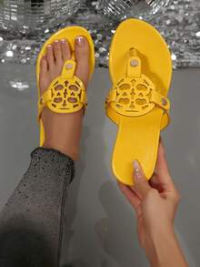 Bright Yellow Miller Style Jelly Thong Sandals Women Waterproof Hollow Out Logo Flat Flip Flops Beach Shoes - Yellow - View 3