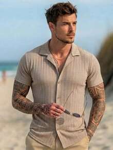 Men's Casual Ribbed Resort Shirt Short-Sleeve Button-Down Camp Collar - Beige - View 5