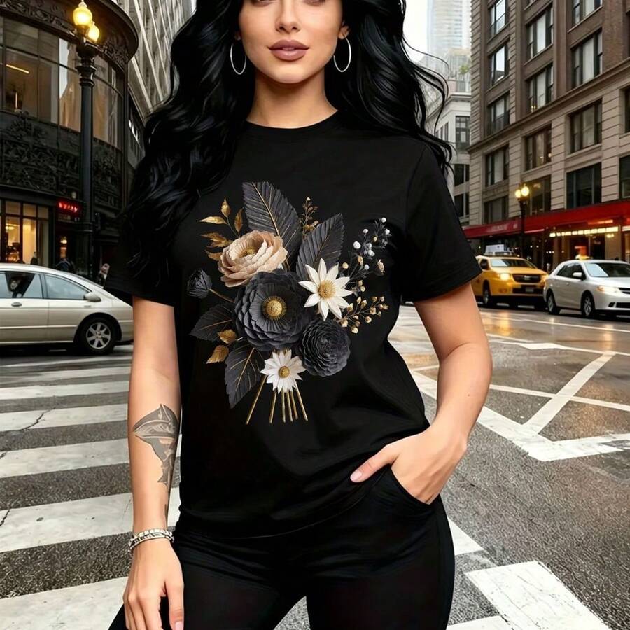 Camiseta de mujer con estampado floral moderno y elegante con rosas y margaritas en tonos negro, blanco y dorado - diseño casual de manga corta con ajuste cómodo y estilo urbano para la ciudad - ideal para paseos por la calle, citas románticas y rega - Negro - Ver 1