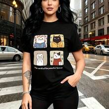 Camiseta de mujer con estampado de gatos cartoon vestidos y frase "The world will be peaceful forever" - camiseta casual de manga corta, ajuste cómodo y moderno, estilo urbano para la ciudad - regalo perfecto para mamá, esposa, novia, hermana mayor y - Negro - Ver 9