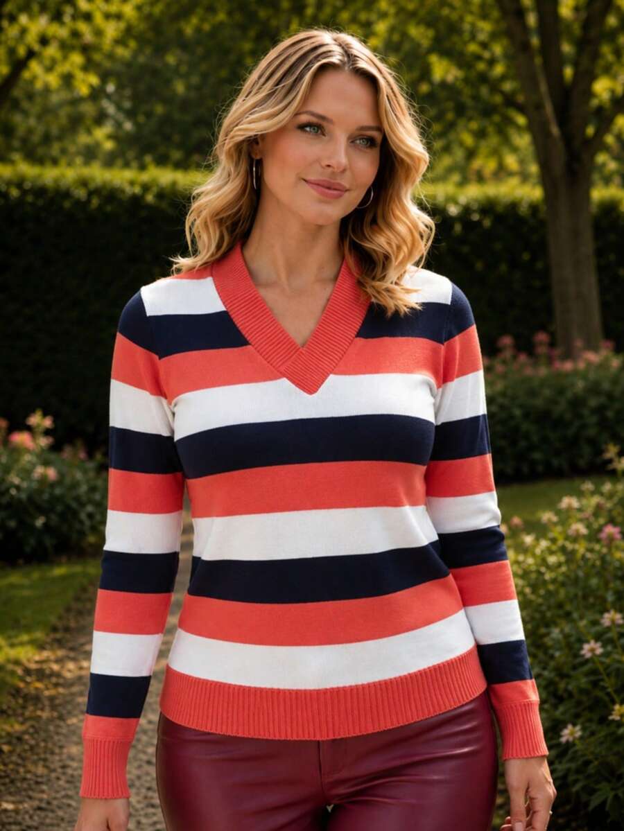 Women's Striped Sweater Top | Women's Long Sleeve Striped Top | Striped V-Neck Top - 海軍桃色 - 查看 1
