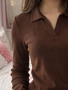 V-Neck Polo Shirt With Long Sleeves, Ribbed Knit Fabric, For Teenage Girls, Casual Basic Style, Versatile Piece For Autumn/Winter, Solid Color. - 鏽棕色 - 查看 3