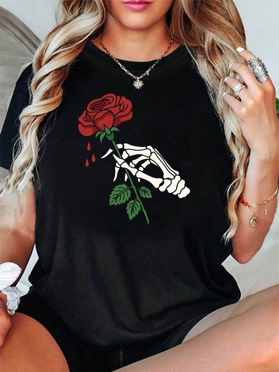 Playeras de mujer con diseño de calavera y rosas en tonos oscuros | Camiseta Casual de Manga Corta con Gráfico de Rosa Roja y Gota de Sangre, Contraste Rojo-Blanco-Verde, Estilo Romántico para Uso Diario, Blusas Casuales para Dama - Negro - Ver 1