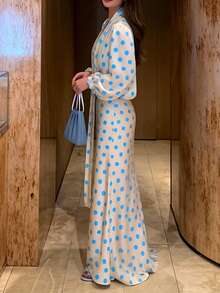 Vintage Polka Dot Maxi Dress, Puff Sleeve V-Neck With Neck Tie For Retro Style - Blue - View 4
